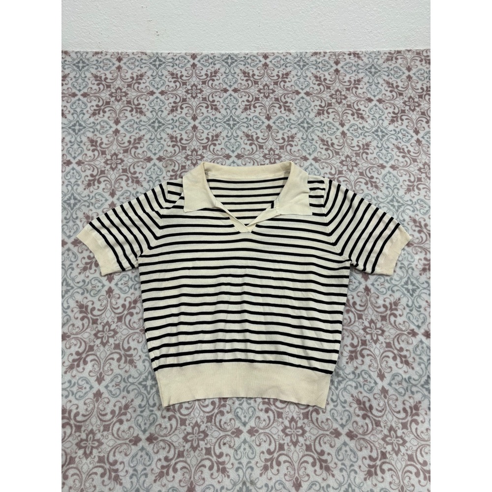 Dazy Striped Short Sleeve Knit Polo Top Cream Black V-Neck Viscose Sweater L